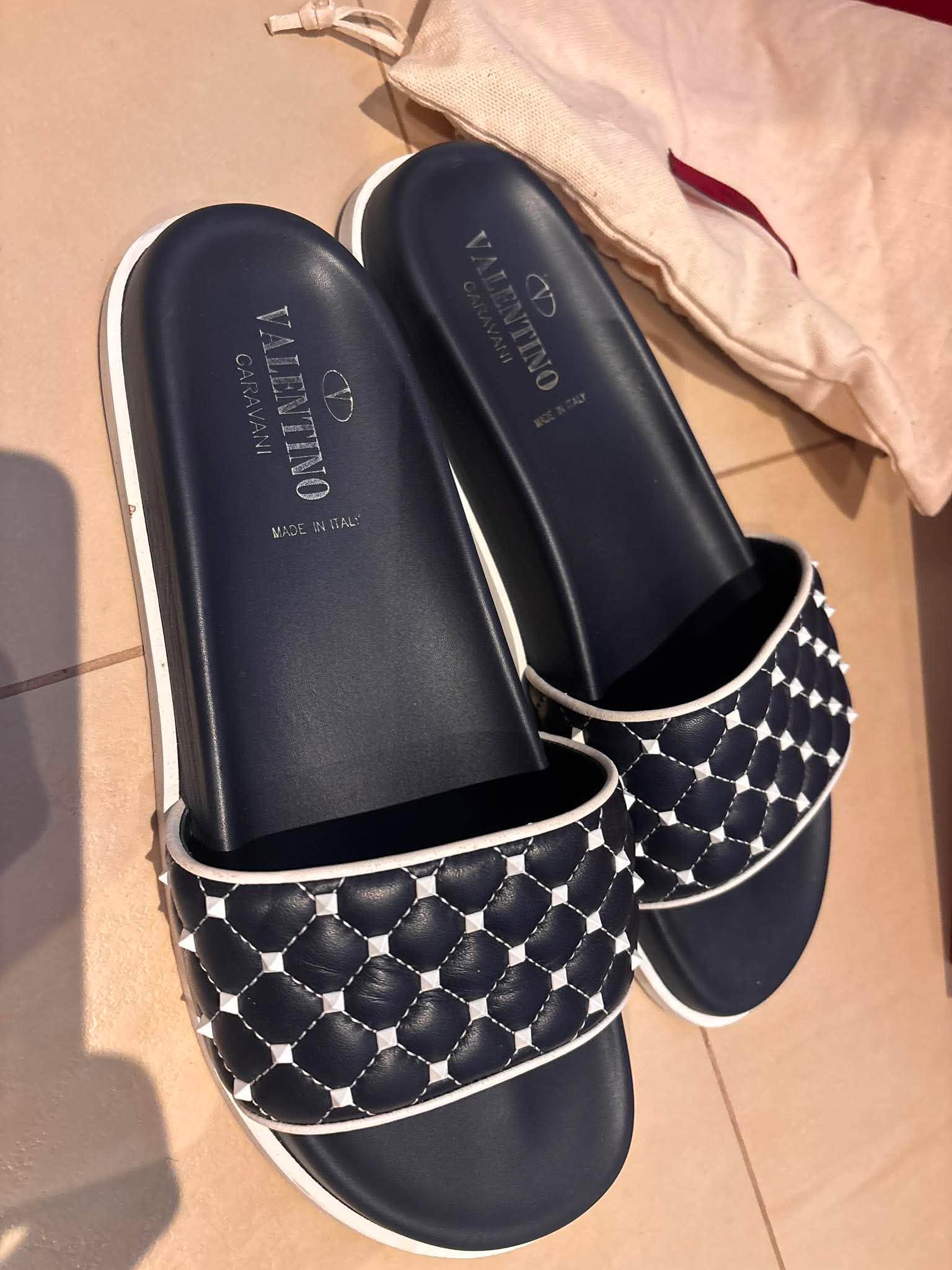 Pre-loved Valentino Garavani Rockstud Slide Sandals – Navy/White – Original Box & Dust Bag
