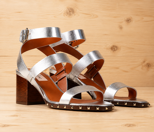 Valentino Garavani silver leather block heel sandals, size 39